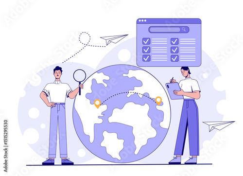 Two people analyzing globe with location pointers, magnifying glass, checklist interface, in flat cartoon style, on white background. Concept of global search and task planning. Vector illustration