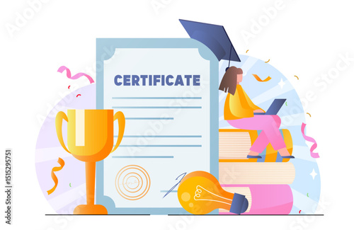 Certificate with trophy, books, graduate cap, lightbulb, and a woman using a laptop, in a colorful flat style on a white background. Concept of education success. Vector illustration