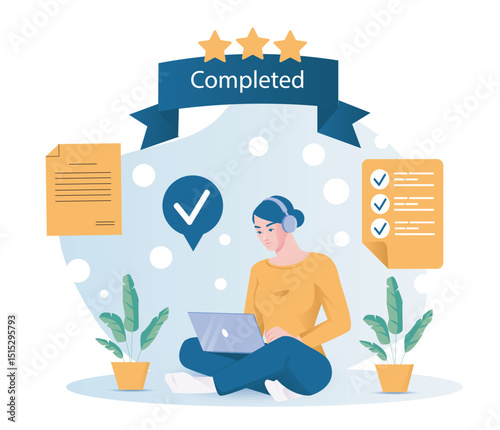 Woman with headphones working on laptop, surrounded by checklists, stars, and documents in a flat style on a light abstract background. Concept of task completion. Vector illustration