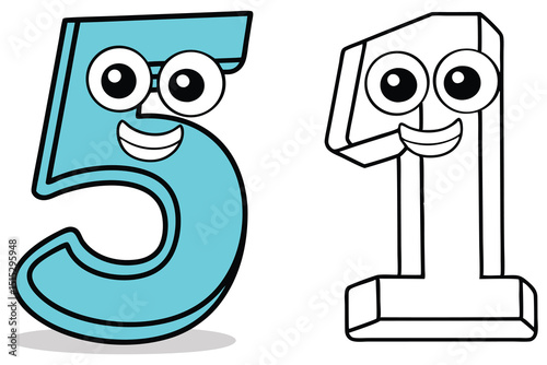 A smiling cyan number five stands beside a monochrome number one figure