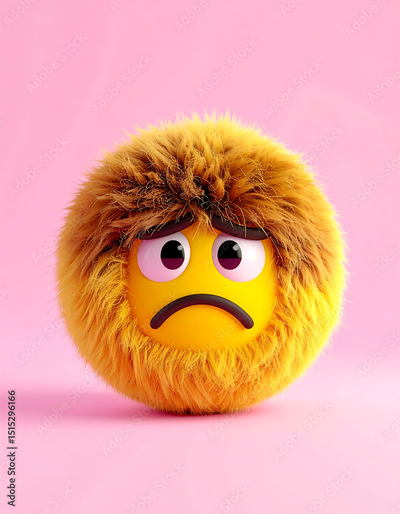 Obraz premium Sad Fuzzy Emoji on Pink Background Cute 3D Render Illustration Design