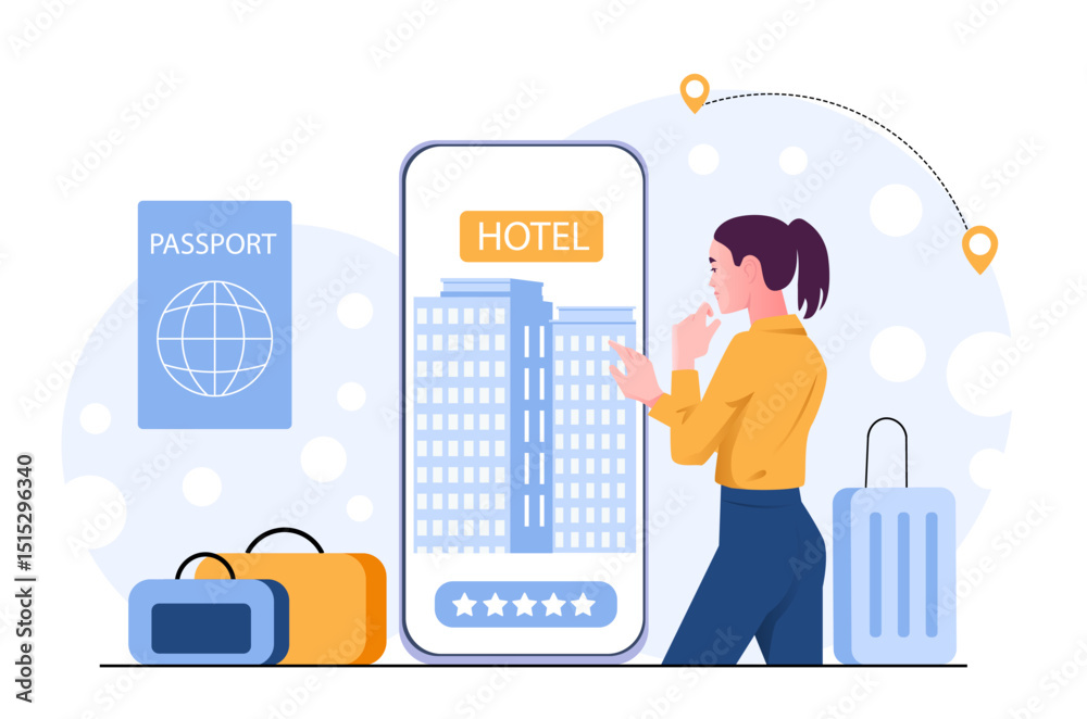 Φωτογραφία Woman using a smartphone to book a hotel room, surrounded by luggage and passport, flat graphic style on a light abstract background