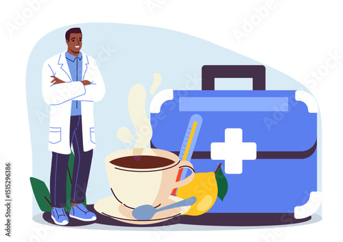 Smiling doctor in a white coat stands near a hot tea cup, lemon, thermometer, and blue medical kit on light abstract background. Concept of healthcare. Vector illustration