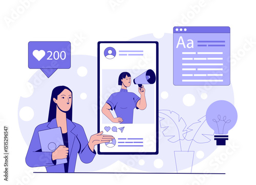 Woman holding folder near social media interface with influencer post, likes, and content windows, on abstract background. Concept of online promotion. Vector illustration