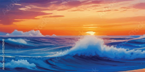 Watercolor Waves Depicting Abstract Ocean and Sky Interaction for Calm Backgrounds. Abstract Ocean Movement in Watercolor with Soft Flowing Waves and Serene Sky View