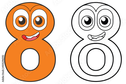 Animated number eight character with smiling face stands next to a coloring page outline