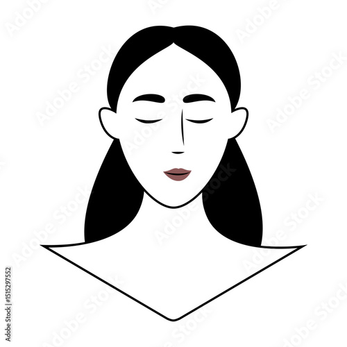 Vector illustration of woman with long black hair and closed eyes.