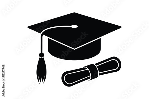 Graduation cap and diploma vector silhouette for graphic projects