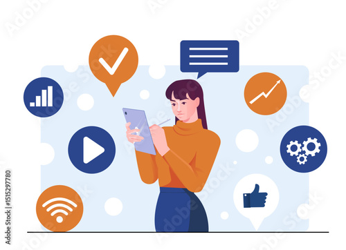 Woman using a digital tablet with stylus surrounded by various digital communication and business icons on light abstract background. Concept of technology use. Vector illustration