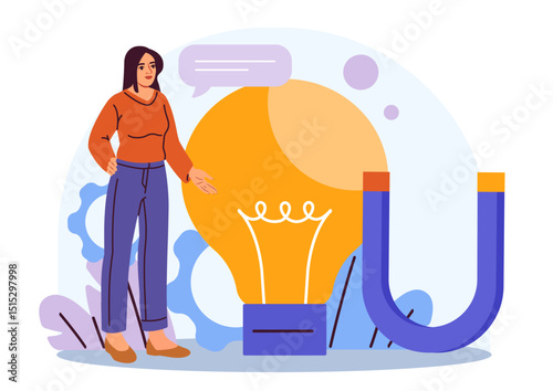 Woman standing near large glowing bulb and horseshoe magnet with chat bubble in abstract background. Concept of creativity and attraction. Vector illustration