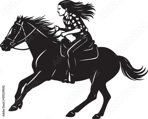 Woman riding horse silhouette art, Equestrian female in motion black outline