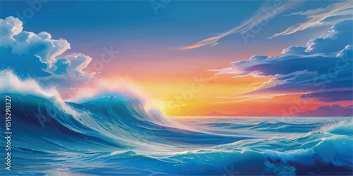 Abstract Watercolor Rendering of Calm Ocean Waves with a Subtle Sky Reflection. Contemporary Watercolor Design of Ocean Movement with Expansive Atmospheric Sky View