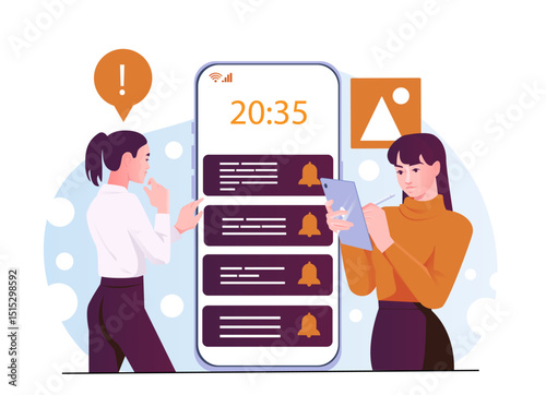 Two women interacting with digital notifications on a giant smartphone screen, flat style with abstract background, concept of communication and alerts. Vector illustration