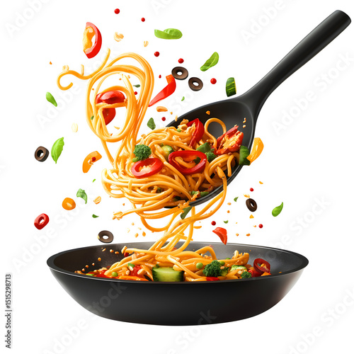Delicious spaghetti with vegetables tossed from black serving spoon into black bowl on white background with clipping path