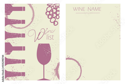 Restaurant poster design, wine list, sommelier, wine tasting. Illustration bottle, glass, red wine, merlot, cabernet, chardonnay