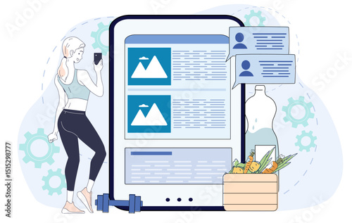 Woman checking fitness blog on a tablet, surrounded by vegetables, dumbbell, water bottle, and chat bubbles, on light abstract background. Vector illustration