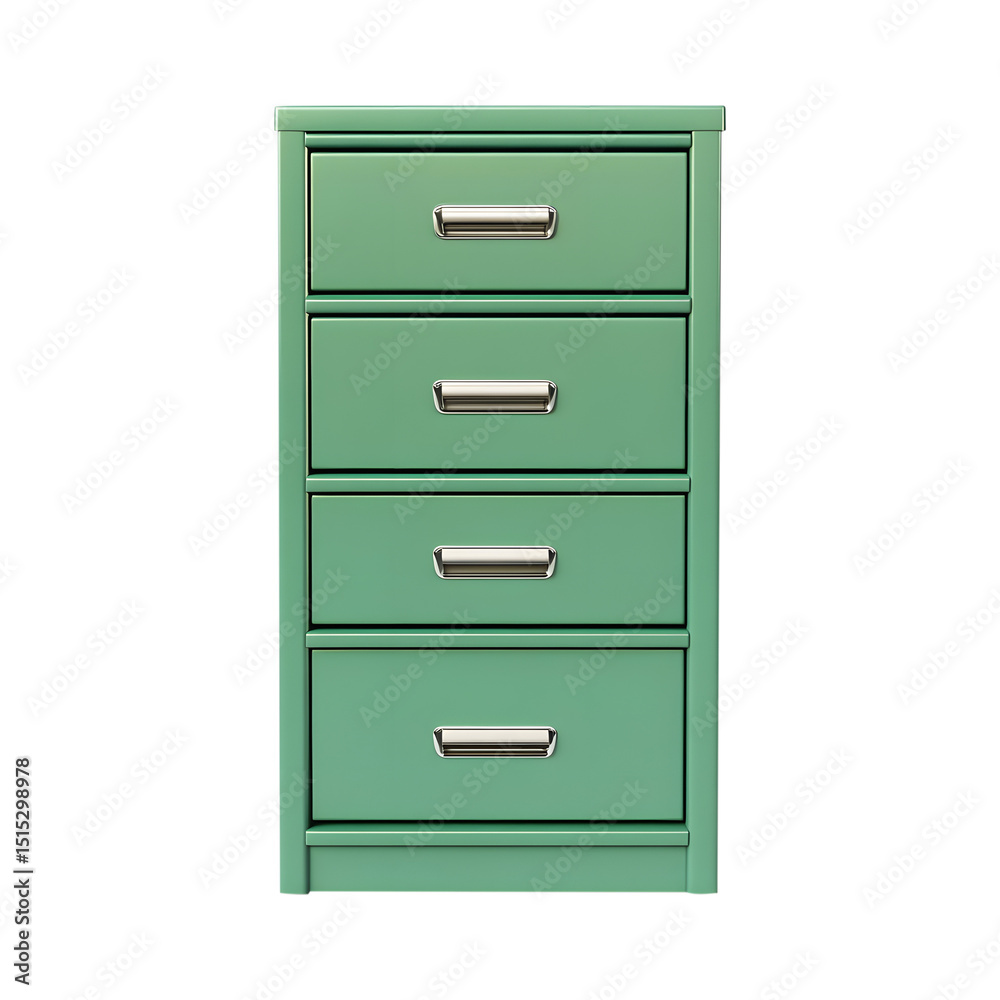 Modern green metal filing cabinet with shiny silver drawer pulls on black background Modern green metal filing cabinet with shiny silver drawer pulls on black background