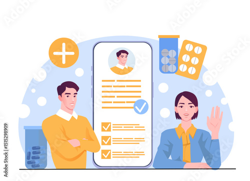Two people interacting with a large smartphone screen displaying a digital medical profile, surrounded by medicine elements, on abstract blue background. Vector illustration