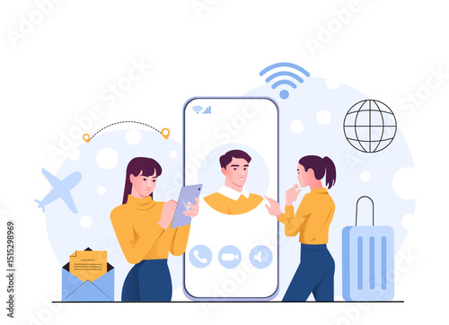 Two women using tablet and smartphone for video call with a man on a screen, flat style, abstract background with travel icons. Concept of remote communication. Vector illustration