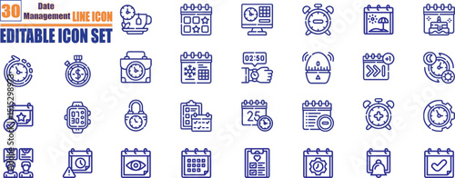 Date Management line editable icon set. Containing schedule, calendar, planning, time, hourglass, stopwatch, alarm, clock and more. 