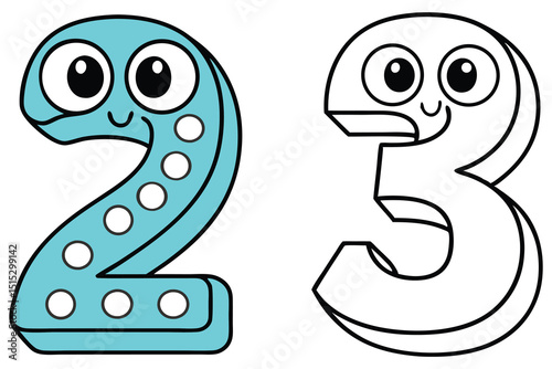 Cartoon number two is cyan and has white circles, number three is outlined