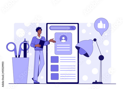 Man standing next to oversized smartphone screen displaying user profile interface, surrounded by office tools on abstract background. Concept of UI design. Vector illustration