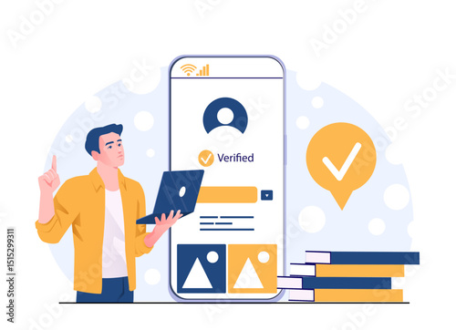 Man with laptop next to large smartphone screen showing verified account login, flat style, white background, concept of digital identity verification. Vector illustration