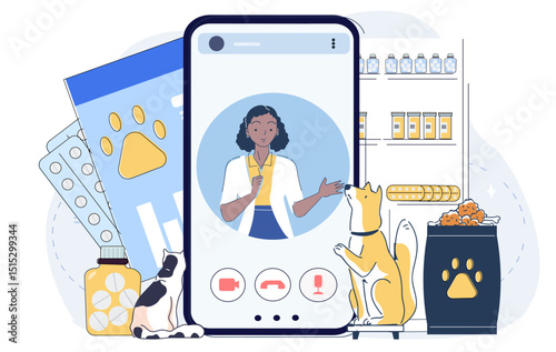 A female vet appears on a smartphone screen during a virtual consultation, surrounded by pet meds, a dog, cat, and supplies on a white background. Concept of telemedicine for pets. Vector illustration
