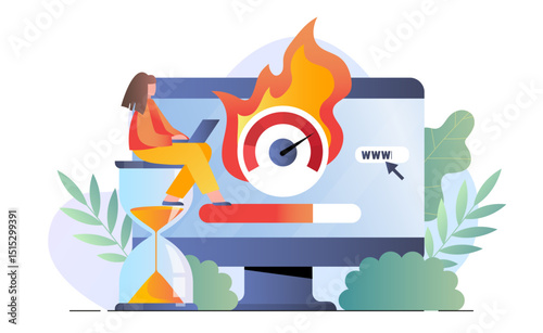 Woman with laptop on hourglass beside monitor showing speed meter with flame and loading bar, on white background. Concept of web performance. Vector illustration