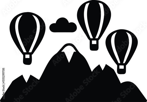 Hot air balloons flying over mountain range silhouette