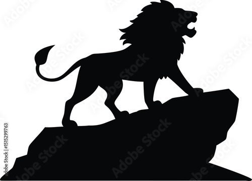 Lion roaring on a rocky cliff with sunset silhouette