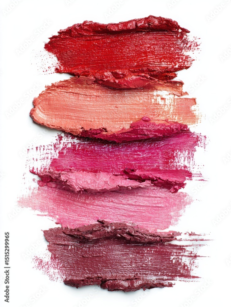 Fototapeta premium Various lip shades are artistically arranged in bold brush strokes on a white background. The vibrant colors range from deep red to soft pink, showcasing a range perfect for makeup lovers