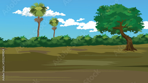 Indian Village Cartoon Background Vector | Rural Nature Landscape with Trees and Field | Animation Ready Nature Scene Vector for Kids Story Videos and Farm Animation Projects

