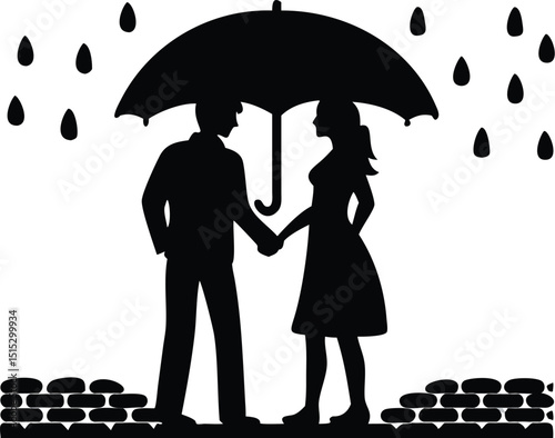 Romantic Couple Holding Hands in Rain Silhouette