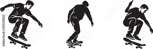 Dynamic skateboarders in motion silhouettes, Active street sport black and white design