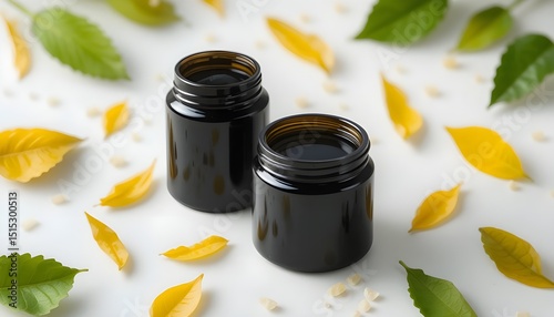 Green and yellow leaves on a clean white background with black jars