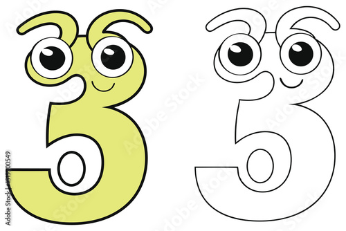 Cartoonish number three with eyes and antennae appears next to a line art version