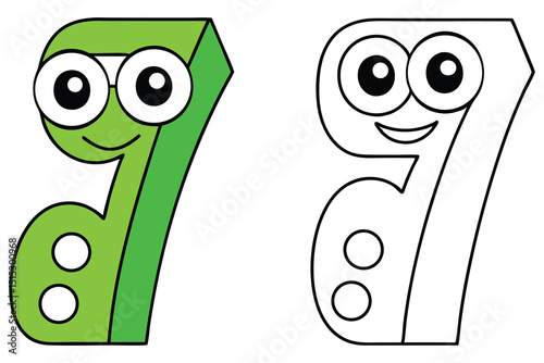 Cheerful cartoon number seven features green color and a black line art counterpart
