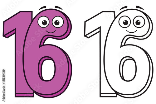 Cheerful cartoon number sixteen smiles next to its coloring outline, isolated on white