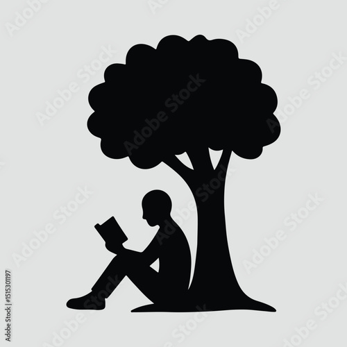 Silhouette of person reading book under tree peaceful mood Vector Illustration