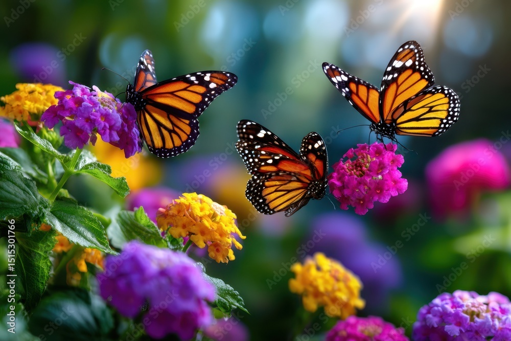 Obraz premium Colorful monarch butterflies feeding on vibrant flowers in a sunlit garden