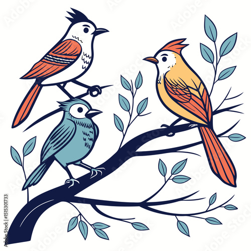 Cute cartoon birds on a tree branch illustration with spring flowers, a lovely nature design