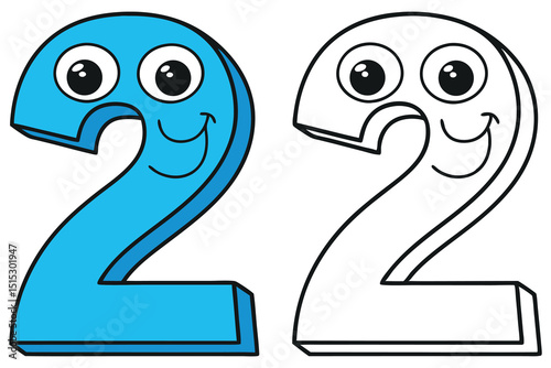 Cute cartoon number twenty two featuring smiling face, represented in blue with outline versions