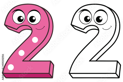 Cute pink cartoon number two with white dots smiles next to its outline version