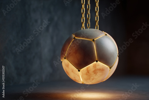 Illuminated sphere hanging from a chain, casting a warm glow in a moody, dark room. Art installation or decorative lighting.