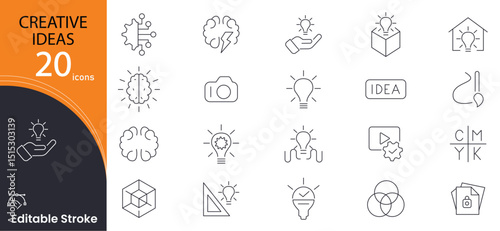 Creative ideas related icon collections. Containing lightbulb, innovation, brain, thinking, imagination, concept, spark, inspiration, solution, and creativity icons. Editable Stroke. Outline icons.