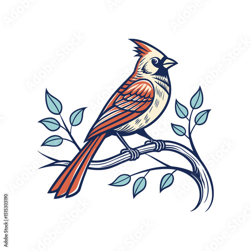 Colorful parrot illustration on a jungle tree branch, featuring a cute tropical bird design with vibrant feathers
