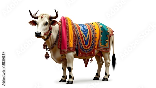 Ornate white cow decorated with colorful textiles