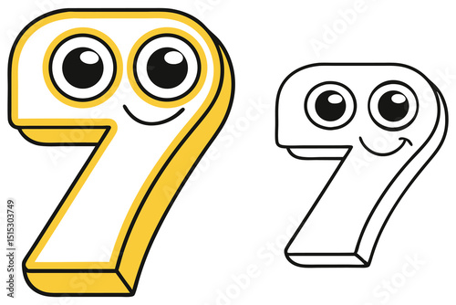 Number seven character smiles brightly alongside its black outline version on a white background