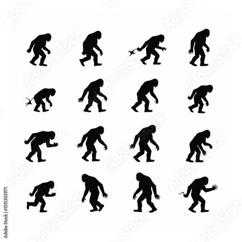 Bigfoot evolution silhouette set primate hominid stages